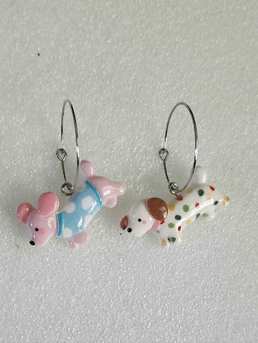 Hand Crafted Pink & White Dog Dangle Earrings